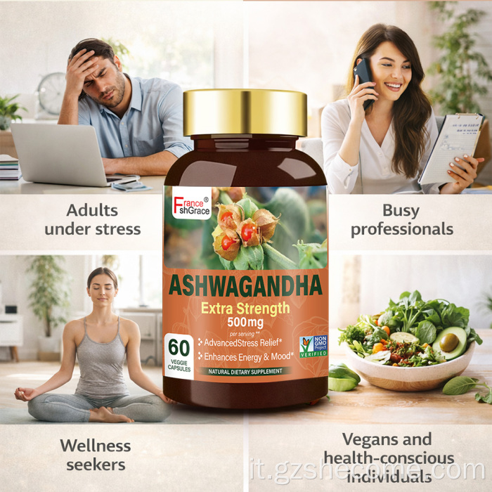 Capsule Shecome Ashwagandha certificate GMP per il supporto dell'umore